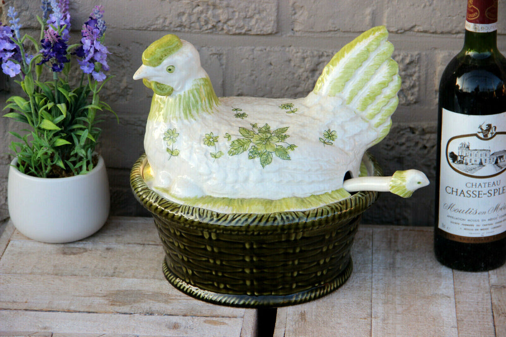 Vintage French large porcelain Barbotine Chicken soup tureen spoon salad