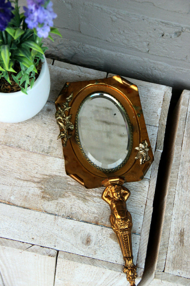 Vintage French metal gold gilt putti hand mirror