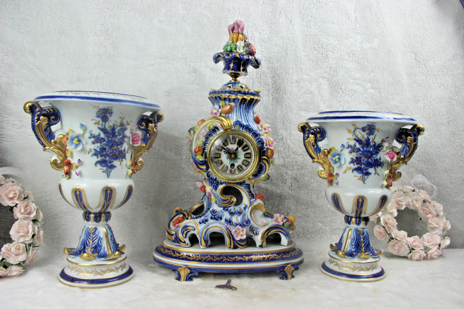 Set French clock vases capodimonte  porcelain relief floral decor