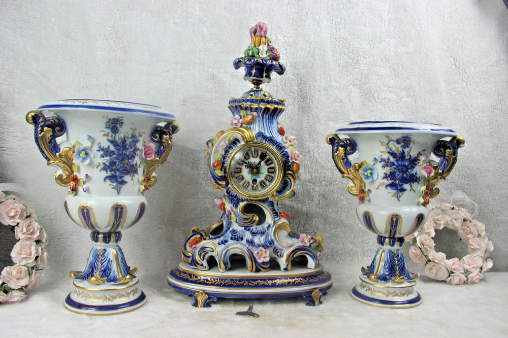 Set French clock vases capodimonte  porcelain relief floral decor
