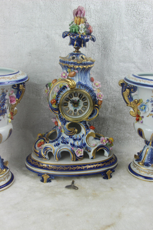 Set French clock vases capodimonte  porcelain relief floral decor
