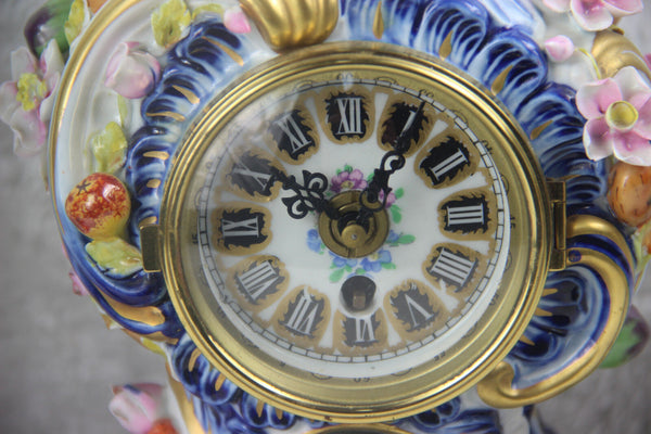 Set French clock vases capodimonte  porcelain relief floral decor