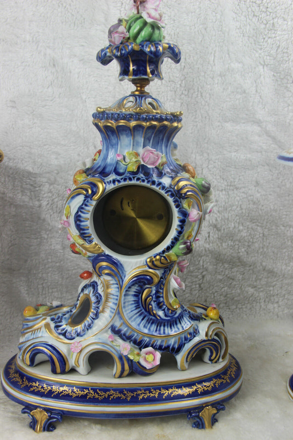 Set French clock vases capodimonte  porcelain relief floral decor