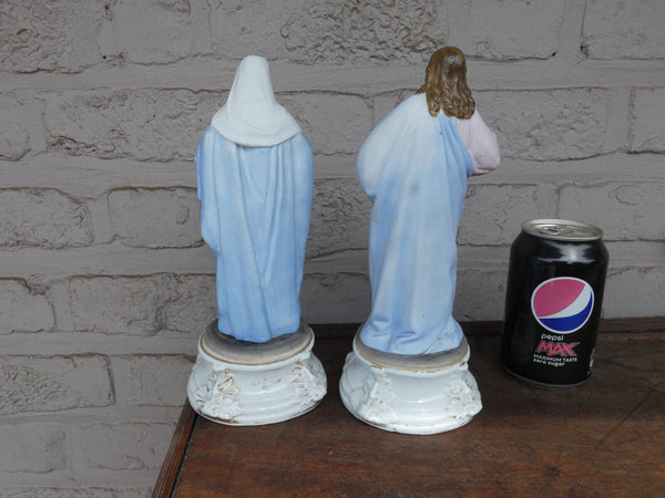 PAIR antique vieux andenne bisque porcelain sacred heart mary jesus statue