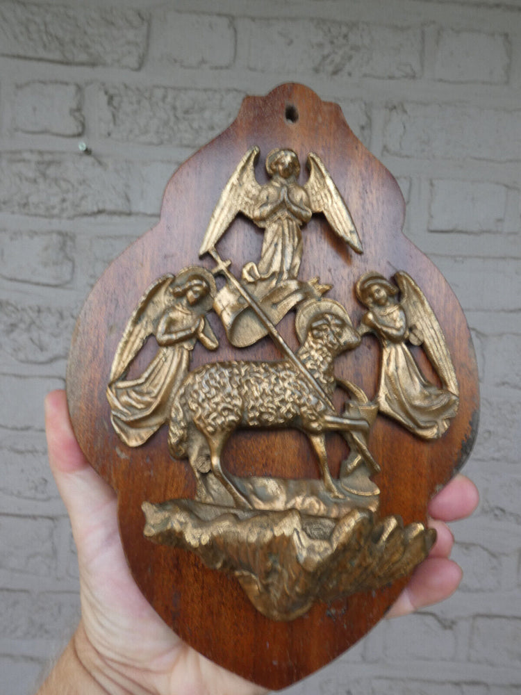 Antique bronze wood plaque holy water font angels agnus dei rare