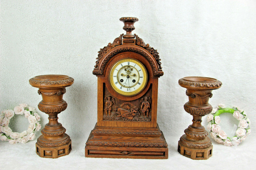 Antique French wood carved clock putti angel candle holders set