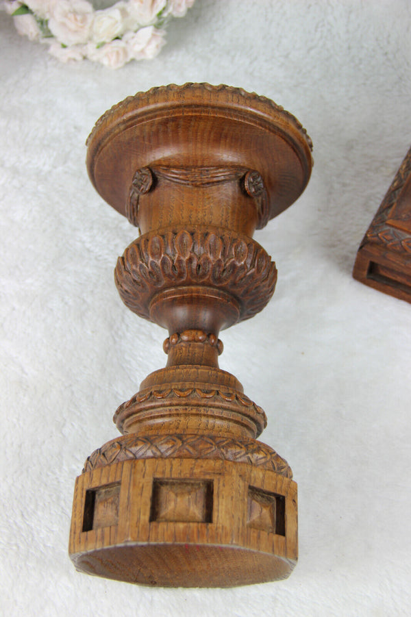 Antique French wood carved clock putti angel candle holders set