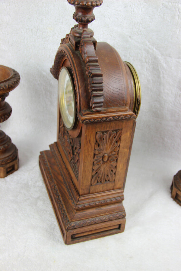 Antique French wood carved clock putti angel candle holders set
