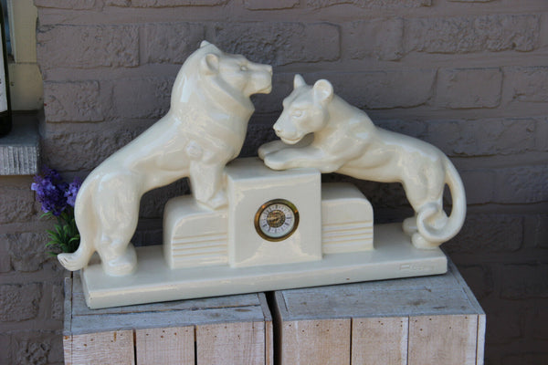 XL French art deco pottery ceramic Lion tiger  group Clock rare marked