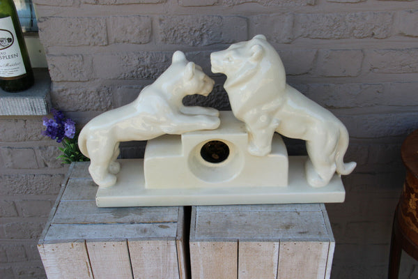 XL French art deco pottery ceramic Lion tiger  group Clock rare marked