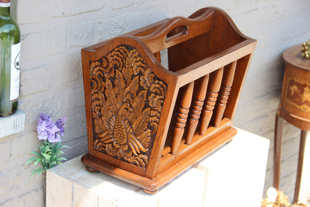 1960s Vintage wood carved oriental bird decor magazine newspaper rack holder