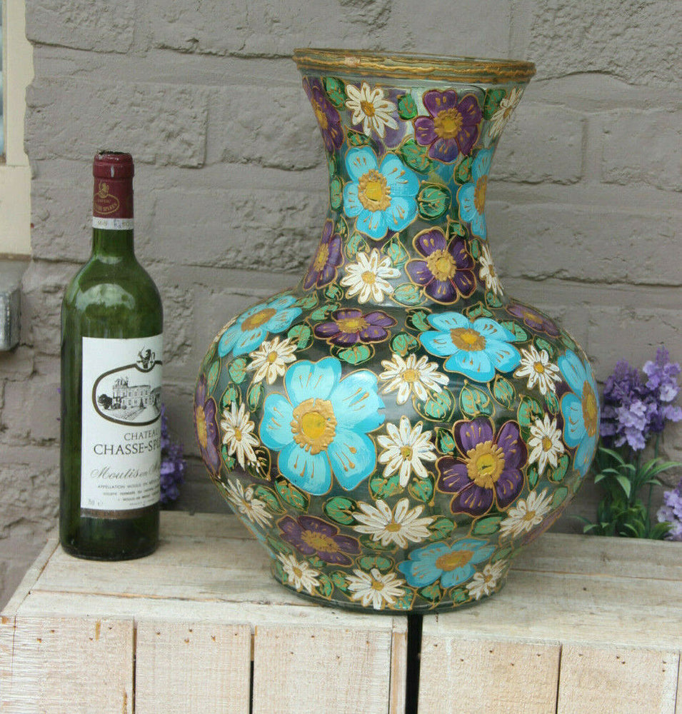 XL Mid century 1970 Vintage italian glass vase hand paint floral decor gorgeous
