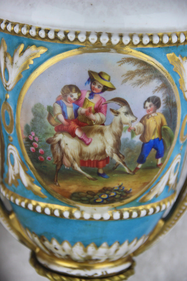 Large French porcelain Vase Louis XVI Brass base romantic scene floral Rare