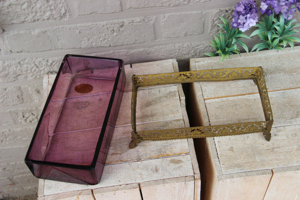 Antique French brass empire amethyst glass bowl centerpiece cornucopia horns