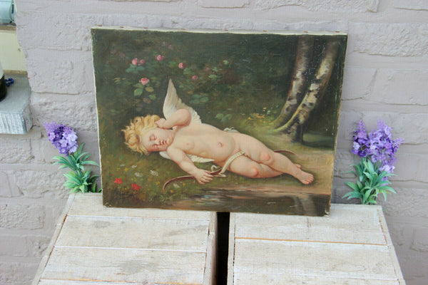 Antique Romantic oil on canvas putti cupido cherub angel painting signed