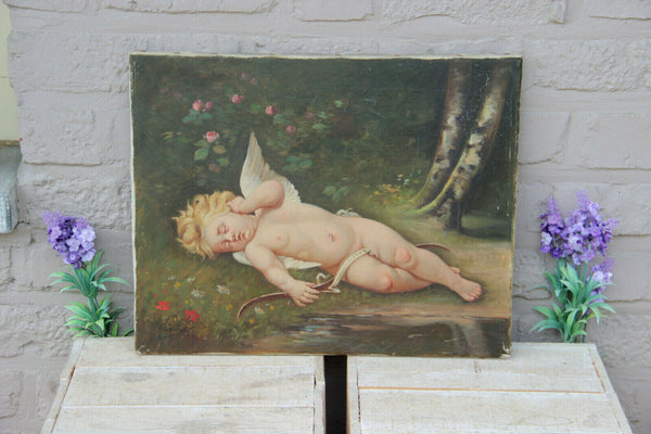 Antique Romantic oil on canvas putti cupido cherub angel painting signed