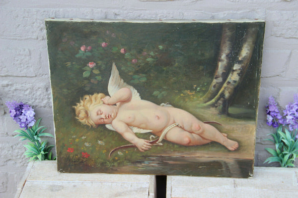 Antique Romantic oil on canvas putti cupido cherub angel painting signed