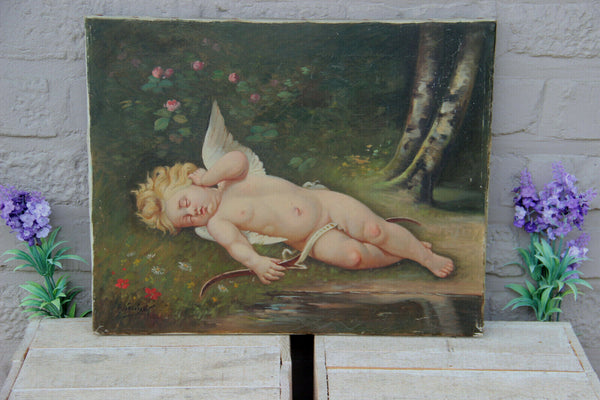 Antique Romantic oil on canvas putti cupido cherub angel painting signed