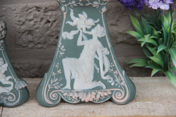 Set 3 Porcelain Jasperware Romantic putti art nouveau lady Vases centerpiece