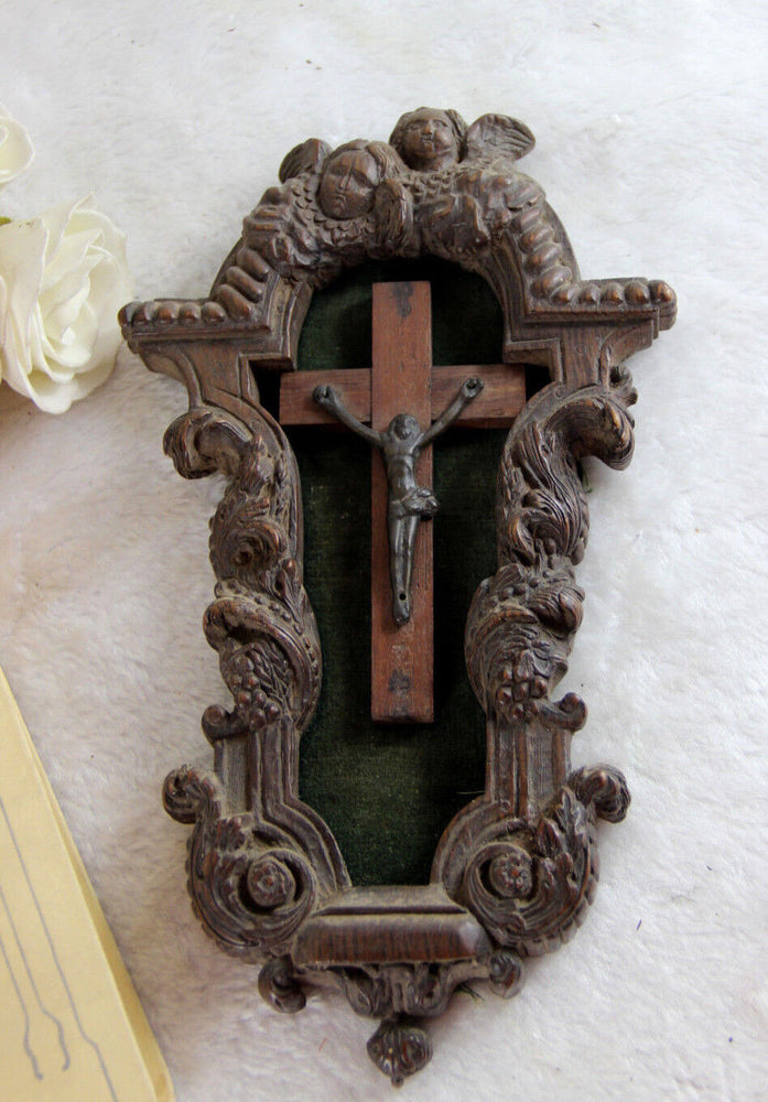 1800 Antique french wood carved Jansenist Christ Curicifix wall plaque putti