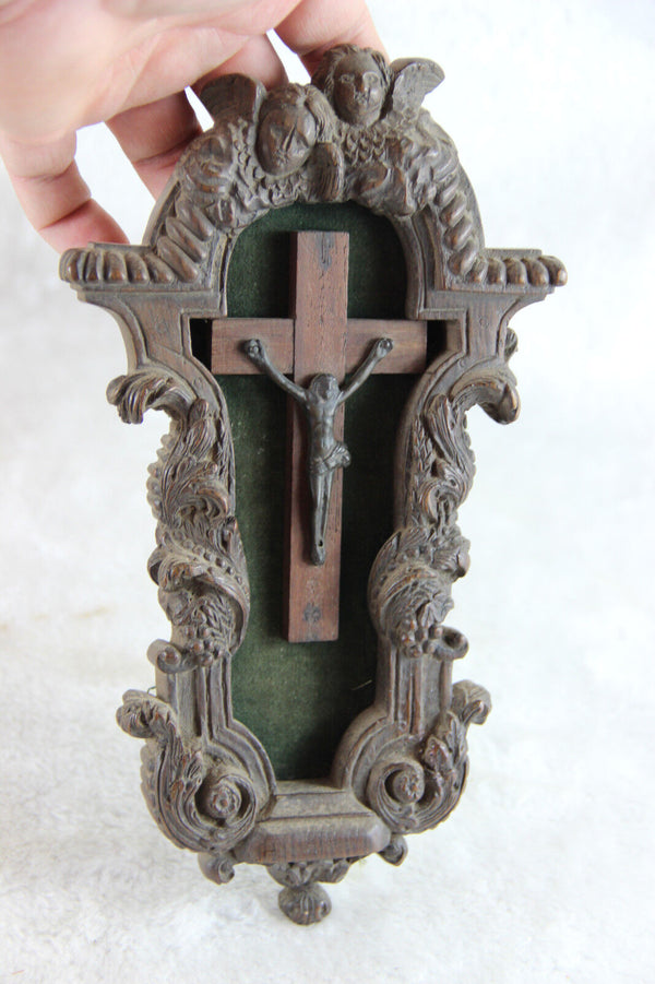 1800 Antique french wood carved Jansenist Christ Curicifix wall plaque putti