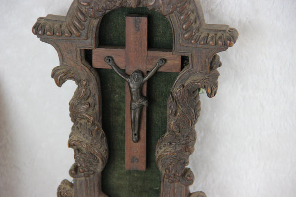 1800 Antique french wood carved Jansenist Christ Curicifix wall plaque putti