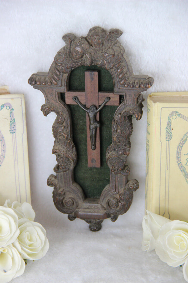 1800 Antique french wood carved Jansenist Christ Curicifix wall plaque putti
