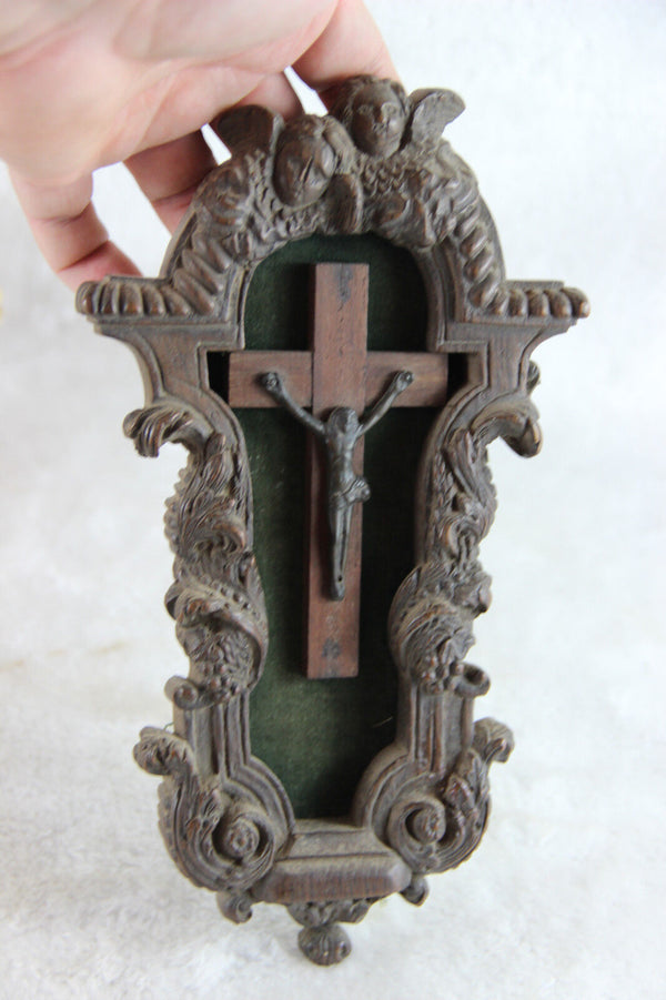 1800 Antique french wood carved Jansenist Christ Curicifix wall plaque putti
