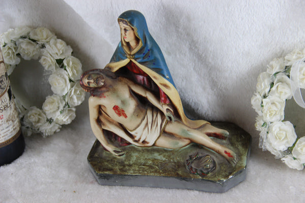 Antique Chalkware polychrome PIETA jesus christ statue religious group