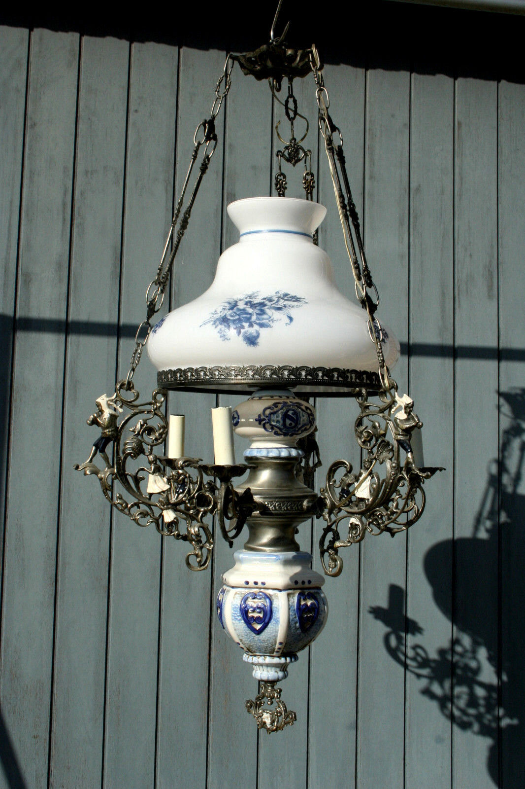 XL Dutch Delft blue white  pottery angels cherubs metal glass chandelier 3 arms