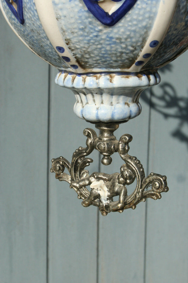 XL Dutch Delft blue white  pottery angels cherubs metal glass chandelier 3 arms