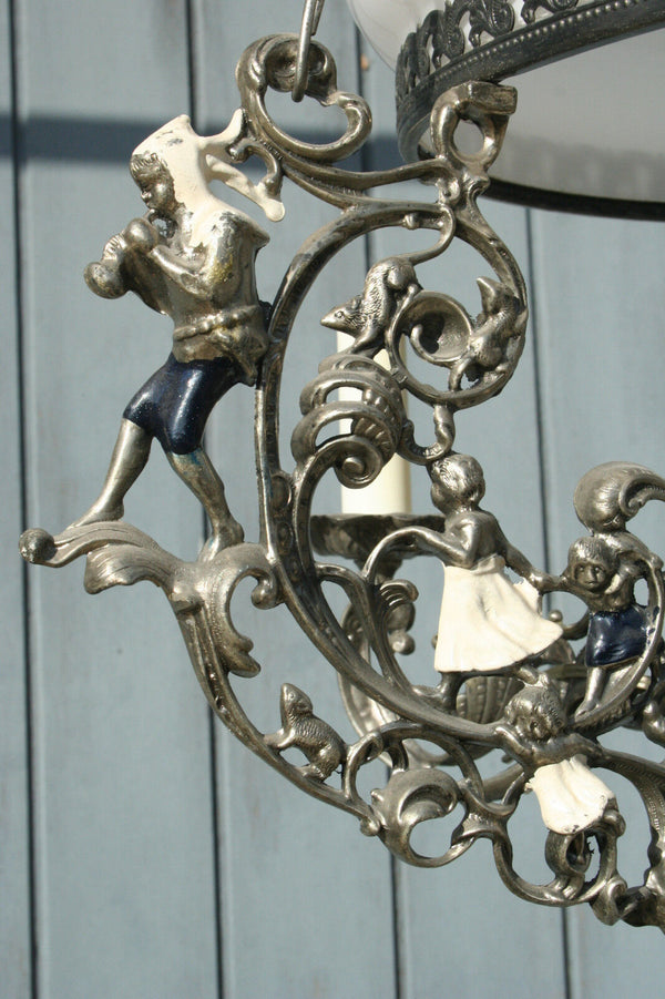 XL Dutch Delft blue white  pottery angels cherubs metal glass chandelier 3 arms