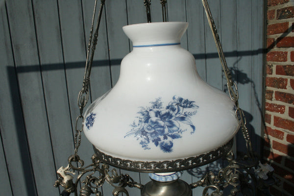 XL Dutch Delft blue white  pottery angels cherubs metal glass chandelier 3 arms