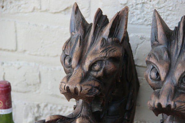 XXL Antique  PAIR oak wood carved hunting table dragon gothic legs figurines n1