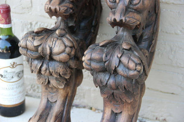 XXL Antique  PAIR oak wood carved hunting table dragon gothic legs figurines n1
