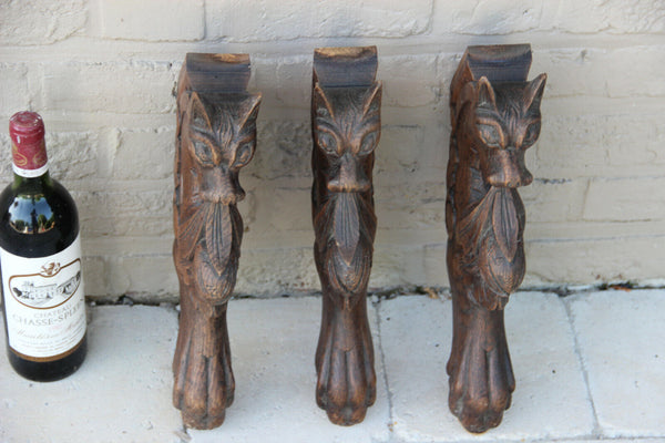 Set 3 Antique wood carved dragon figurines hunt table legs gothic