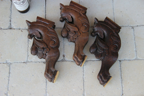 Set 3 Antique wood carved dragon figurines hunt table legs gothic