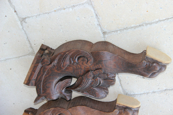 Set 3 Antique wood carved dragon figurines hunt table legs gothic