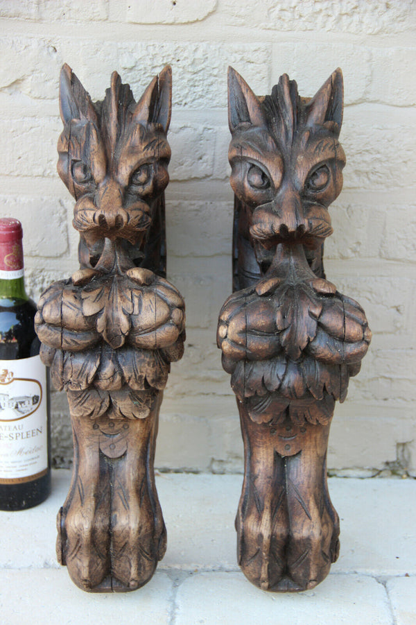 XXL Antique  PAIR oak wood carved hunting table dragon gothic legs figurines n1