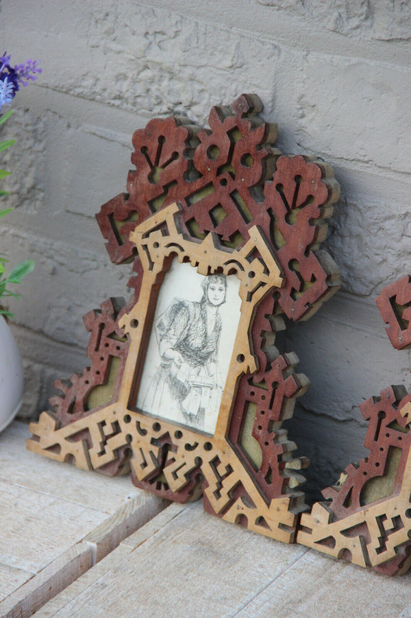 PAIR antique french art nouveau wood carved photo picture frames rare