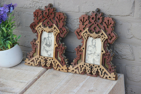 PAIR antique french art nouveau wood carved photo picture frames rare