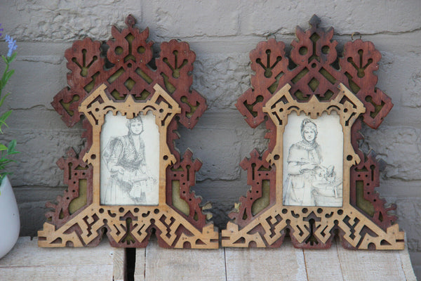 PAIR antique french art nouveau wood carved photo picture frames rare