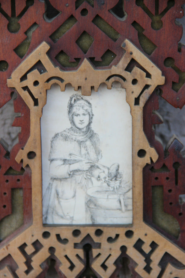 PAIR antique french art nouveau wood carved photo picture frames rare