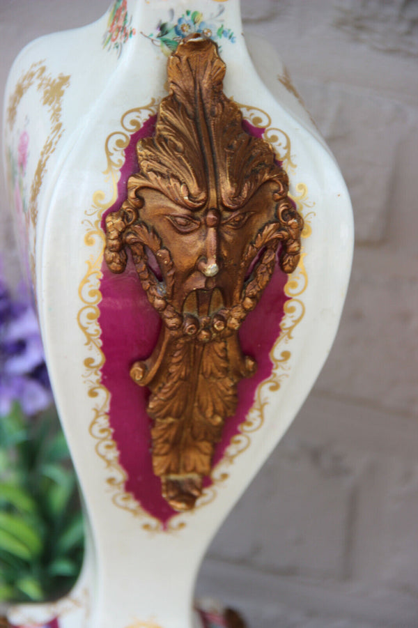 PAIR French porcelain Floral Decor Satyr Gothic head handles rare 1950
