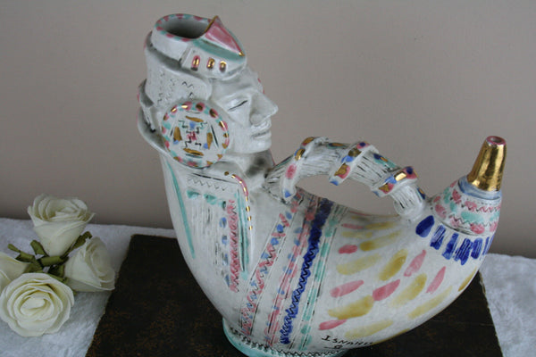 Rare unusual French antique Faience Flagon ewer head special form