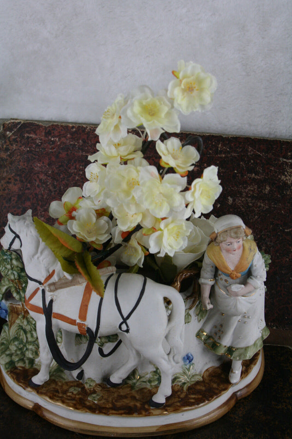 Gorgeous German antique bisque porcelain horse farm girl planter jardiniere