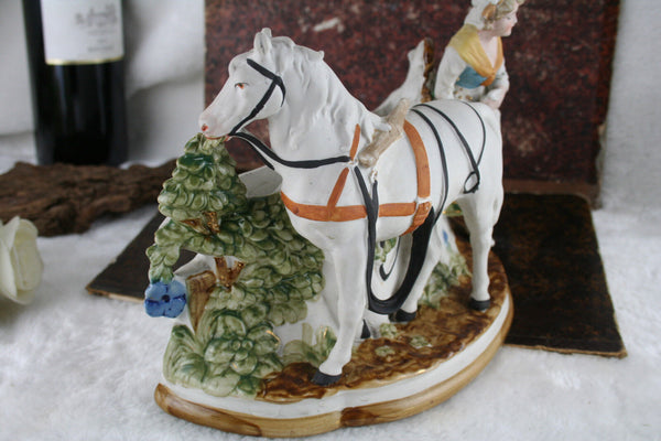 Gorgeous German antique bisque porcelain horse farm girl planter jardiniere