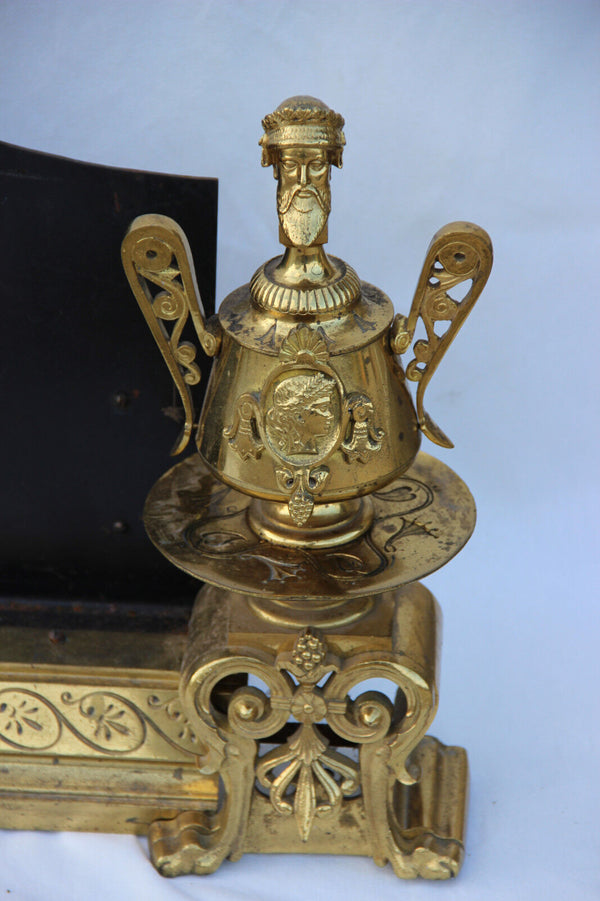 HUGE French antique Fireplace andiron pair roman portrait head lion with screen