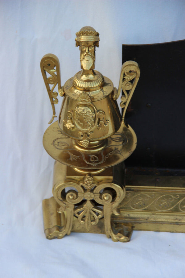 HUGE French antique Fireplace andiron pair roman portrait head lion with screen