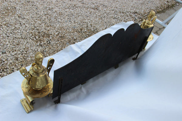 HUGE French antique Fireplace andiron pair roman portrait head lion with screen